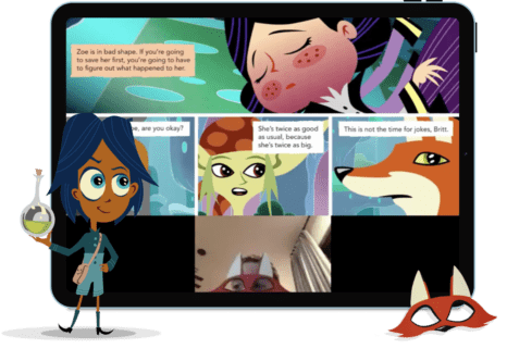 why-1@2x A student wearing a fox mask participates in the Wonder Math story during a live class.